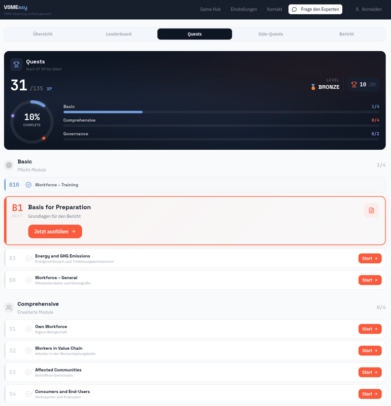 VSMEasy Quests – strukturierte Dateneingabe für VSME-Datenpunkte statt Excel-Tabellen