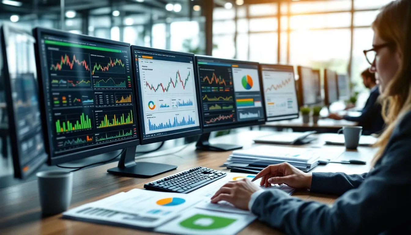 Das Bild zeigt Finanzanalysten, die an einem Tisch sitzen und mit ESG-Daten sowie Nachhaltigkeitsberichten arbeiten. Sie analysieren Informationen zu Umwelt, sozialen Aspekten und Unternehmensführung, um fundierte Entscheidungen für nachhaltige Investments zu treffen.
