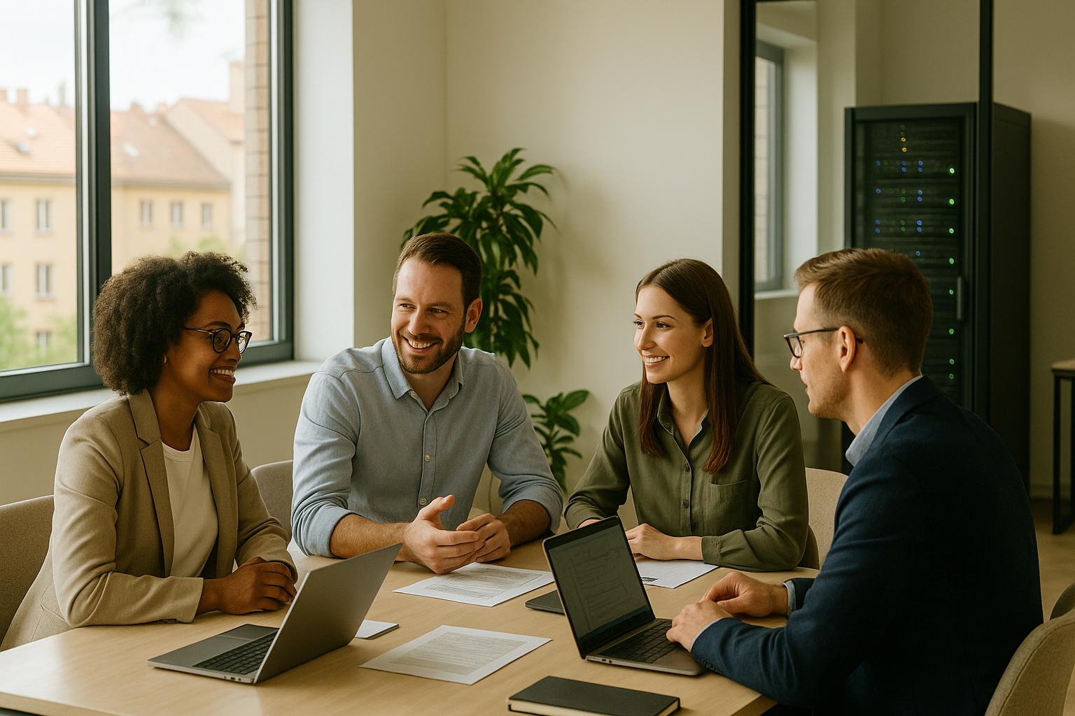Vier Personen besprechen sich mit Laptops an einem Tisch