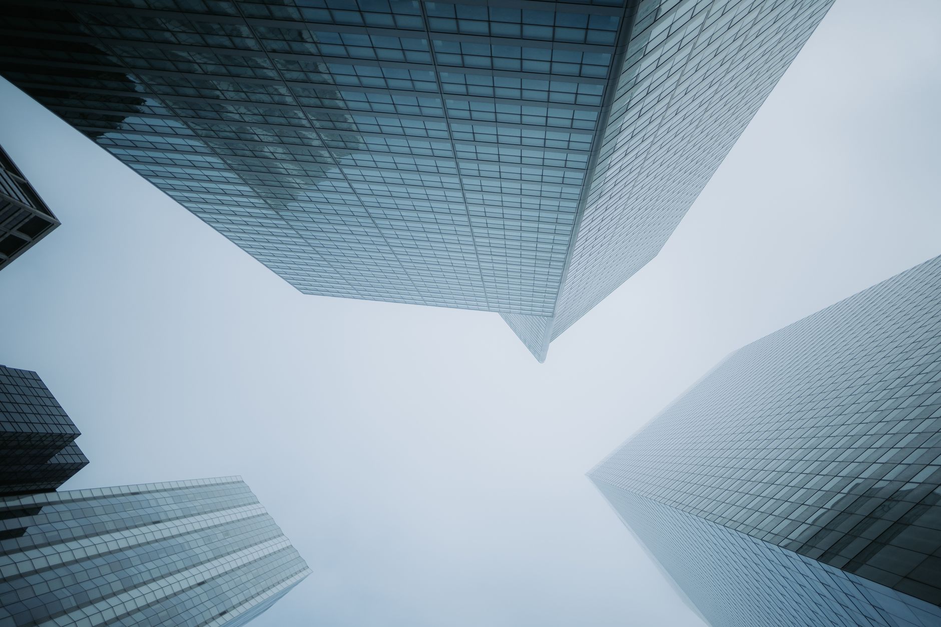 Low-angle view of glass skyscrapers disappearing into fog