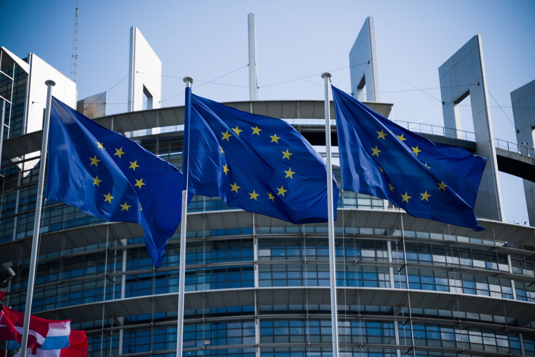European Union flags in front of the European Parliament in Strasbourg