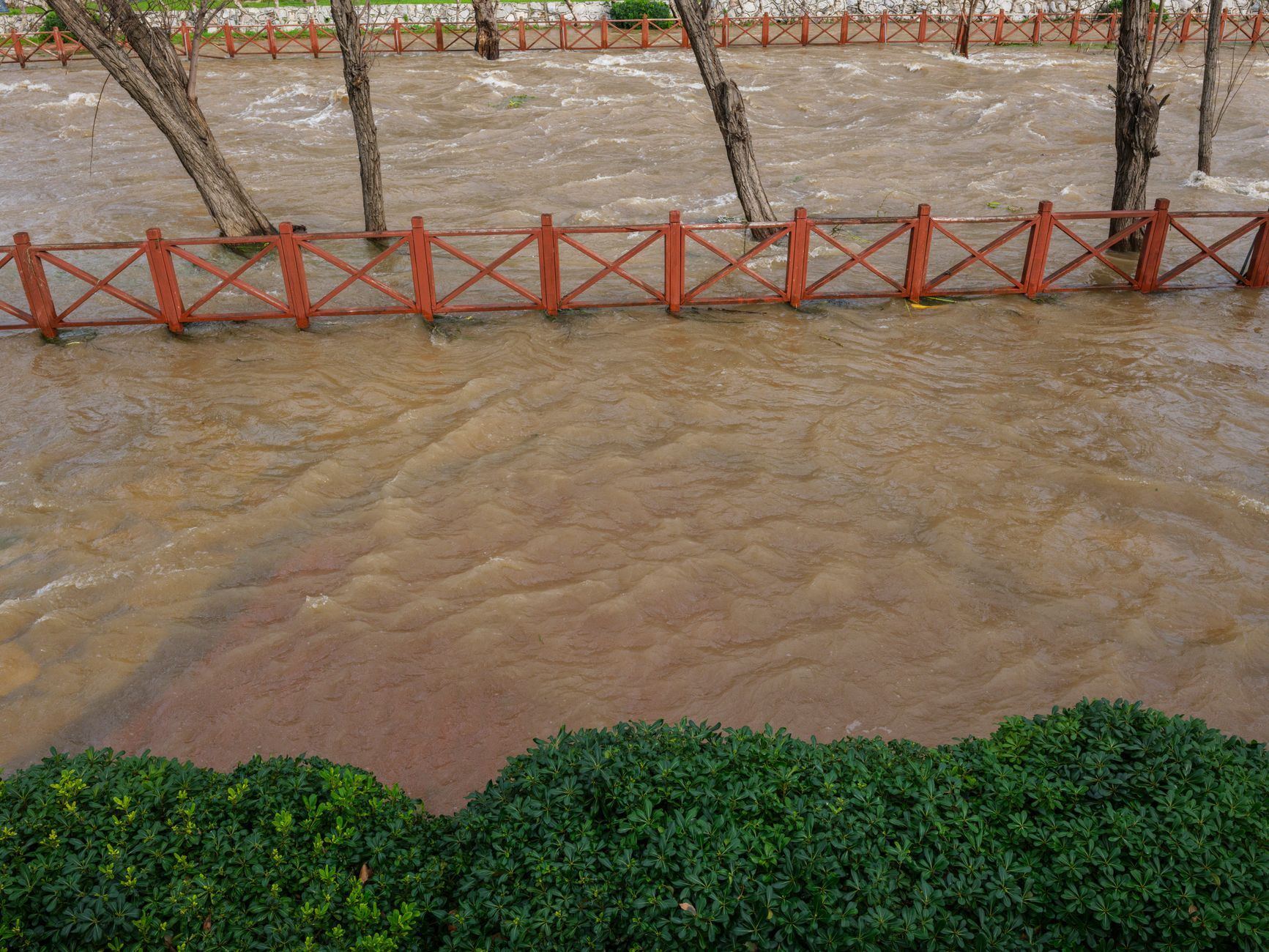 Überfluteter Stadtpark an einem Hochwasser führenden Fluss