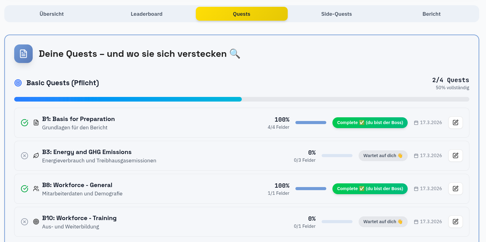 VSMEasy Quests – geführte Workflow für VSME-Datenerfassung